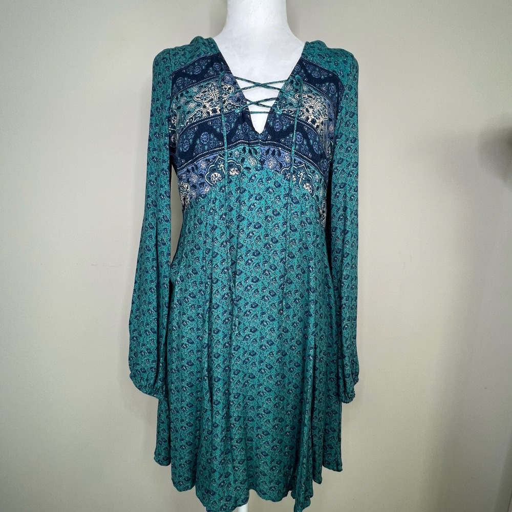 Hollister Y2K Fairy Grunge‎ Teal Midi Dress Festival Babydoll Size L Patchwork